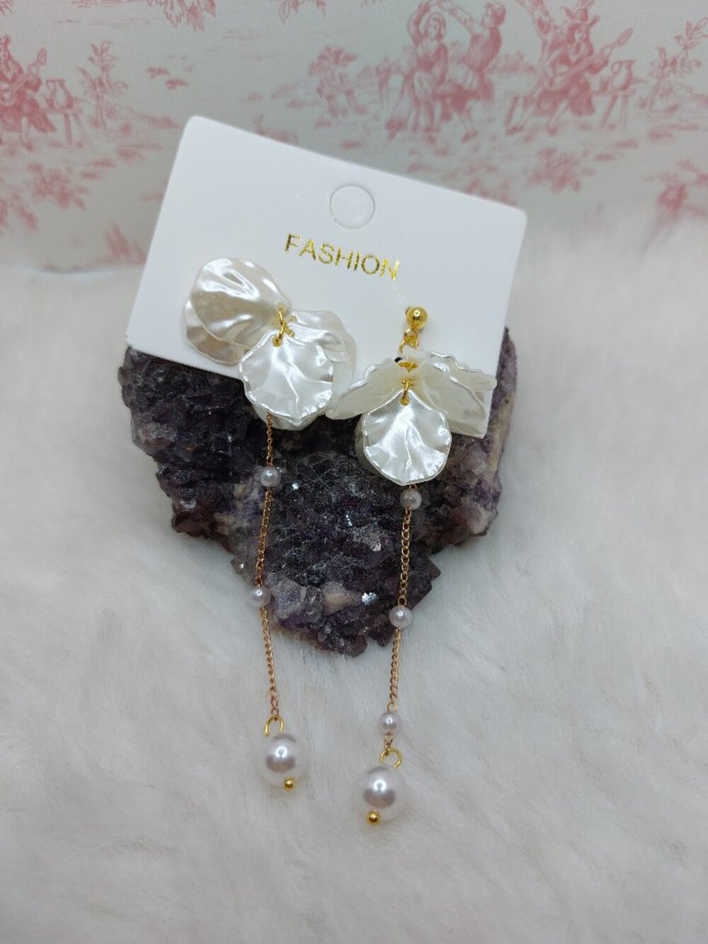 2/$19 Ethereal Floral Petal Pearl Tassel Earrings